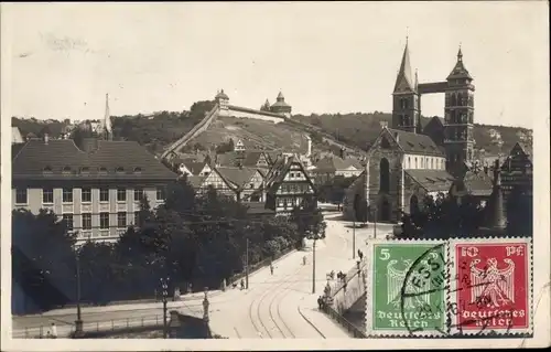 Ak Eßlingen Esslingen am Neckar, Straßenpartie, Schienen, Kirche