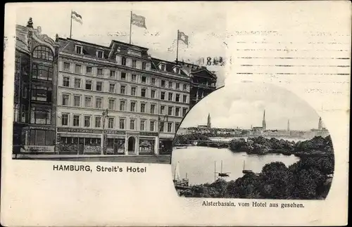 Ak Hamburg Mitte Altstadt, Streits Hotel, Außenansicht, Alsterbassin vom Hotel aus