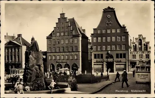 Ak Flensburg, Südermarkt, Plath & Timmann, Straßenbahn Apenrader Straße, Hans Jürgensen, Beamtenbank