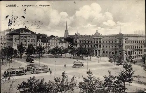 Ak Kassel in Hessen, Königsplatz und Hauptpost, Straßenbahn, Kirchturm