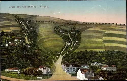 Ak Wiesenburg Wildenfels in Sachsen, Panorama vom Ort, Hügel, Straßenzüge, Felder