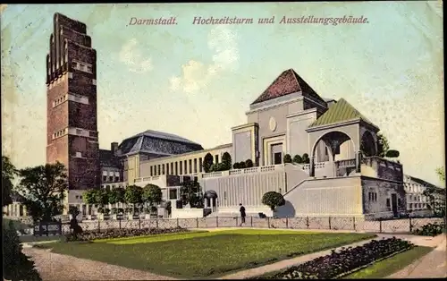 Ak Darmstadt in Hessen, Hochzeitsturm und Ausstellungsgebäude, Außenansicht