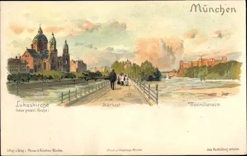 Litho München, Lukaskirche, Isarlust, Maximilianeum