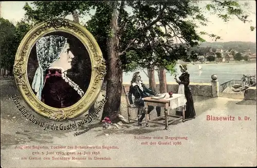 Ak Dresden Blasewitz, Portrait der Auguste Segedin, Schillers erste Begegnung mit Gustel