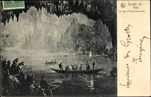 Künstler Ak Rochefort Wallonien Namur, Grotte de Han, Le Lac d'Embarquement