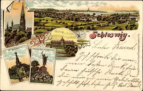 Litho Schleswig an der Schlei, Dom, Kriegerdenkmal, Chemnitz Bellmann Denkmal, Schloss