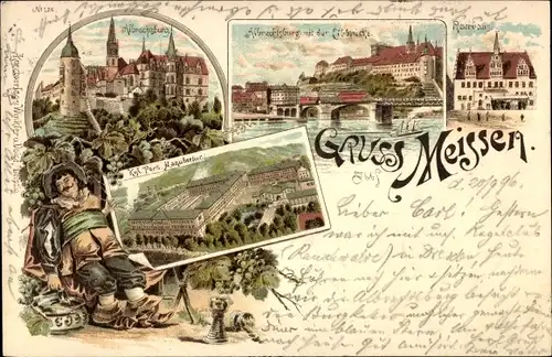 Litho Meißen an der Elbe, Albrechtsburg, Kgl. Porz. Manufaktur, Rathaus, Elbbrücke
