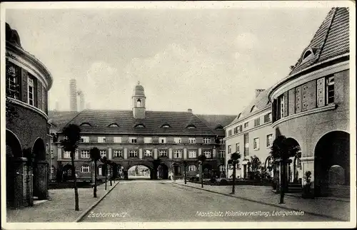 Ak Zschornewitz Gräfenhainichen in Sachsen Anhalt, Marktplatz, Kolonieverwaltung, Ledigenheim