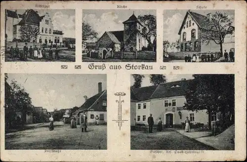 Ak Storkau Weißenfels an der Saale, Rittergut, Kirche, Schule, Dorfstraße, Gasthof