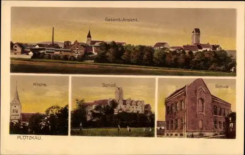 Ak Plötzkau in Sachsen Anhalt, Gesamtansicht, Kirche, Schloss, Schule