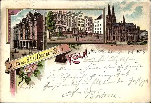 Litho Köln am Rhein, Hotel Restaurant Stolz, Kölner Dom, Heinzelmännchenbrunnen