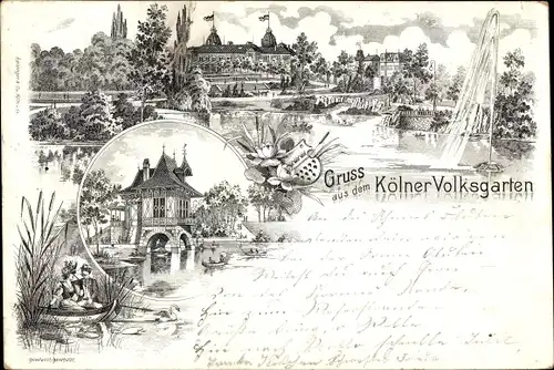 Litho Köln am Rhein, Volksgarten, Turm, Halle, Springbrunnen, Wappen