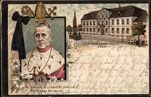 Litho Köln am Rhein, Palais, Kardinal Erzbischof Philippus Krementz, Trauerkarte zum Tod