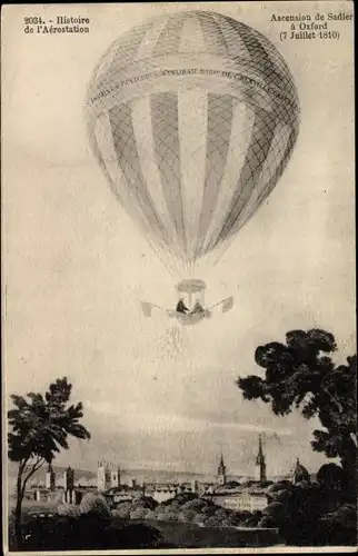 Künstler Ak Histoire de l'Aerostation, Ascension de Sadler à Oxford 7 Juillet 1810, Ballon