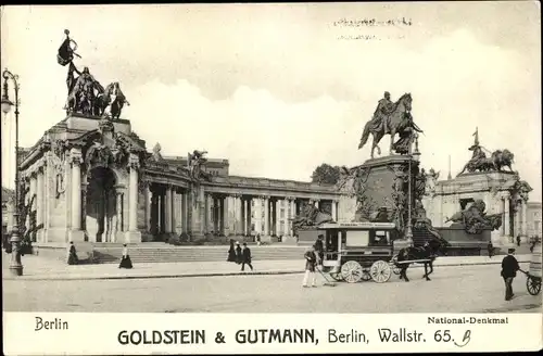 Ak Berlin Mitte, National-Denkmal, Pferdestraßenbahn, Statuen, Reklame Goldstein & Gutmann