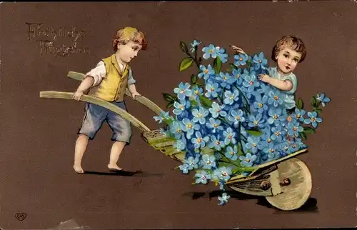 Ak Glückwunsch Pfingsten, Kinder, Schubkarre, Vergissmeinnicht