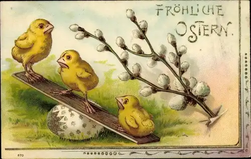 Präge Ak Glückwunsch Ostern, Küken beim Wippen, Weidenkätzchen
