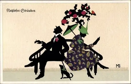 Scherenschnitt Ak Graf, Marte, Nutzloses Sträuben, Liebespaar, Hund