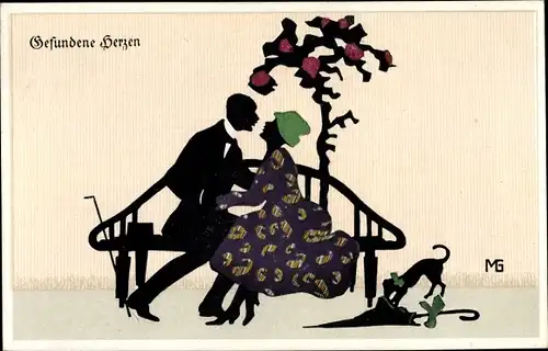 Scherenschnitt Ak Graf, Marte, Fasto Silhouetten, Gefundene Herzen, Liebespaar auf einer Bank