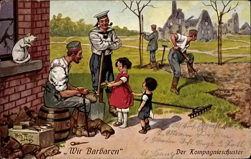 Künstler Ak Thiele, Arthur, Wir Barbaren, Der Kompagnieschuster besohlt Kindern die Schuhe