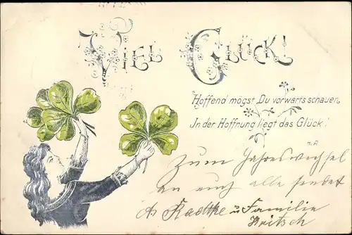 Litho Frau mit Glücksklee, Viel Glück, Hoffend magst du vorwärtsschauen...