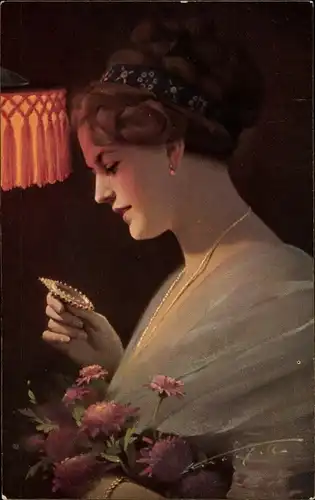 Künstler Ak Junge Frau mit Blumen, Schmuck, Portrait, Sehnsucht