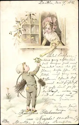 Litho Glückwunsch Neujahr, Schornsteinfeger, Mädchen am Fenster, Geschenk