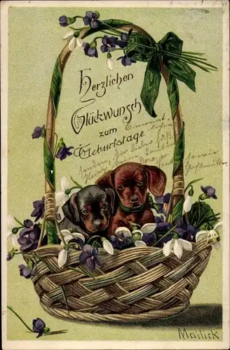 Präge Künstler Litho Mailick, Zwei Dackel in einem Korb, Schneeglöckchen, Veilchen