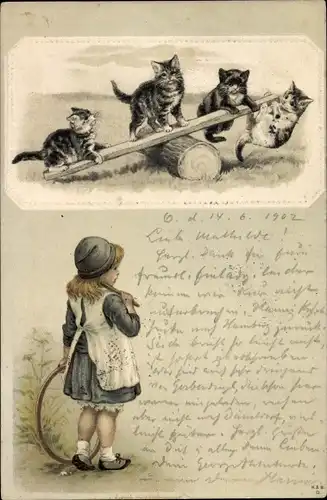 Präge Künstler Ak Katzen auf der Wippe