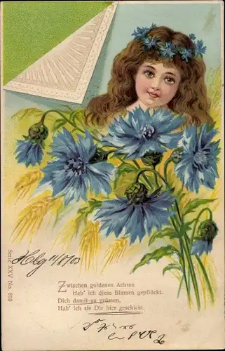 Litho Mädchen mit blauen Blumen, Kitsch, Zwischen goldenen Achren...