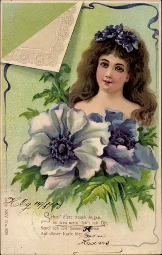 Litho Mädchen mit blauen Blumen, Kitsch, Schau' diese treuen Augen...