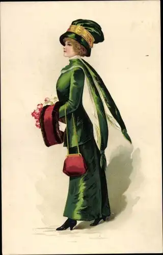 Ak Portrait einer Frau in grüner Kleidung, Hut, Handtasche, Mode