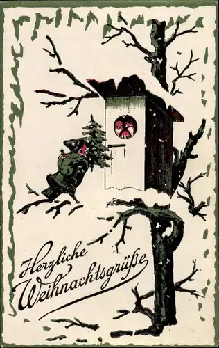 Ak Glückwunsch Weihnachten, Vogel im Wintermantel bringt Tannenbaum zum Nistkasten