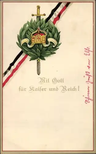 Ak Mit Gott für Kaiser und Reich, Kaiserliche Fahne, Propaganda, Krone