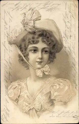 Litho Portrait einer jungen Frau, Hut, Schleifen, Kleid