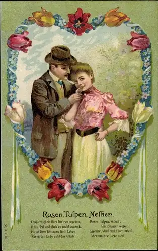 Präge Ak Rosen, Tulpen, Nelken, Liebespaar