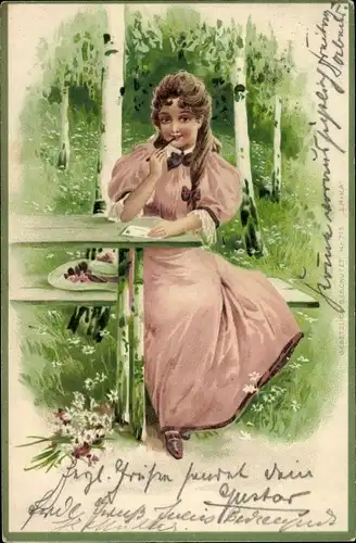 Litho Mädchen-Portrait im Wald, Birken, Brief, Blumen