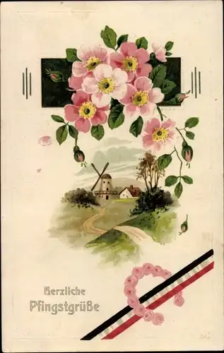 Ak Glückwunsch Pfingsten, Kaiserliche Fahne, Blumen, Windmühle