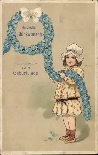 Präge Ak Glückwunsch Geburtstag, Vergissmeinnicht, Mädchen, Schleife