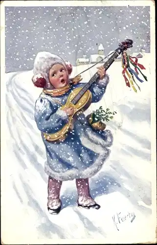 Künstler Ak Feiertag, Karl, Mädchen spielt Gitarre im Schnee