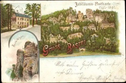 Litho Lohmen Sächsische Schweiz, Bastei, Basteifelsen, Gebirge, Jubiläums-Postkarte 1797 - 1897