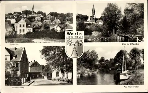Ak Warin Mecklenburg, Stiftskirche, Am Mühlenbach, Mühlenbrücke, Panorama