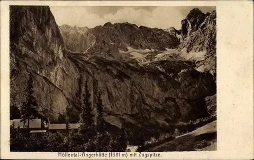Ak Grainau in Oberbayern, Höllentalangerhütte, Höllentalhütte, Zugspitze