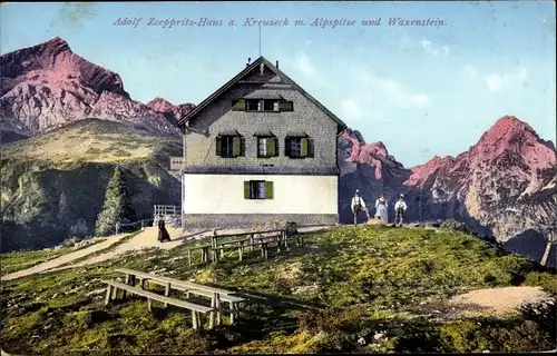Ak Garmisch Partenkirchen in Oberbayern, Kreuzeckhaus, Adolf Zoeppritz Haus, Alpspitze, Waxenstein