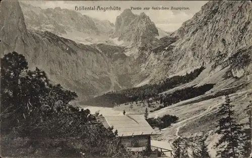 Ak Grainau in Oberbayern, Höllentalangerhütte, Zugspitze