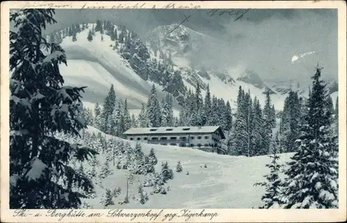 Ak Grainau in Oberbayern, Ski- und Berghütte am Schwarzenkopf geg. Jägerkamp, Winter