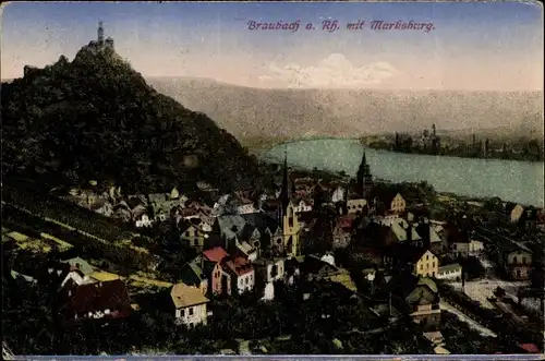 Ak Braubach am Rhein, Marksburg, Panorama, Kirchturm, Rhein