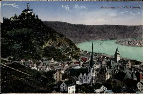 Ak Braubach am Rhein, Marksburg, Panorama, Kirchturm, Rhein