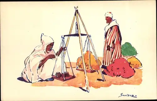 Künstler Ak Sandoz, Waage, Händler, Araber, Afrikaner, Auto Circuits Nord Africains, CGT