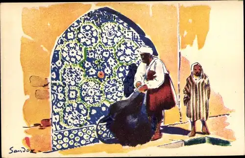 Künstler Ak Sandoz, Nordafrika, Wasserträger am Brunnen, Auto Circuits Nord Africains, CGT